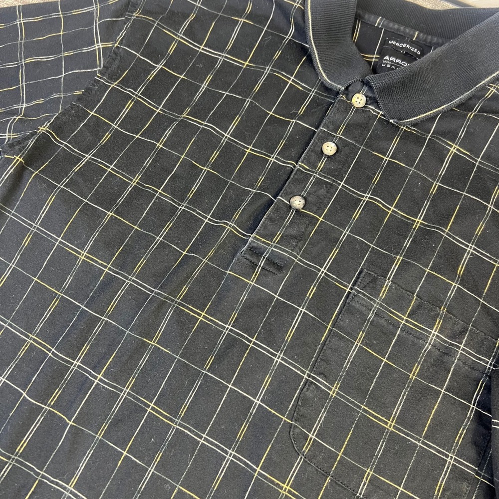 Arrow USA 1851 Mens Black Windowpane Mercerized Cotton Polo‎ Shirt Size M Pocket